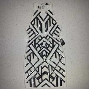 Express White Mini Dress with Black Geometric Sequin Design